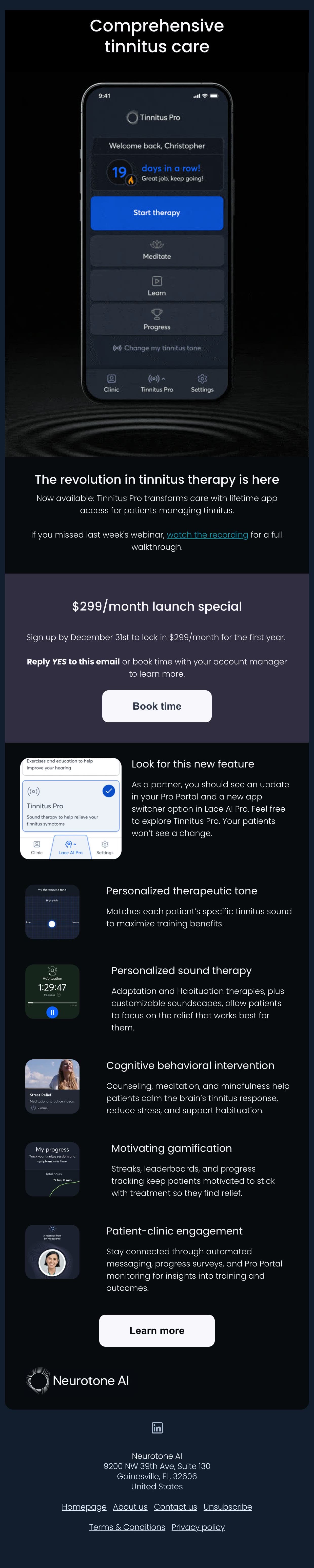 Tinnitus Pro launch email: now available, launch offer, and all five features