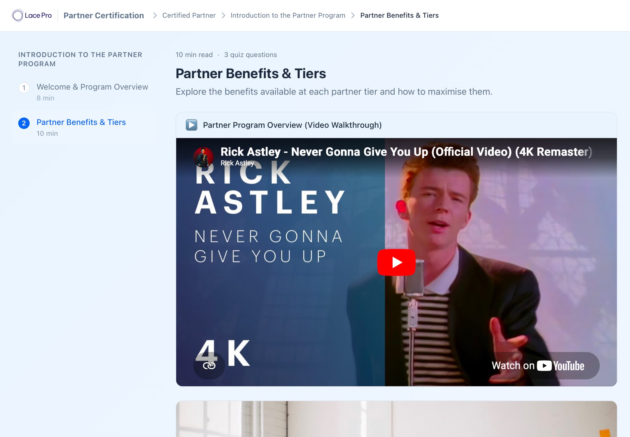 Lesson reader with embedded video walkthrough and sidebar navigation
