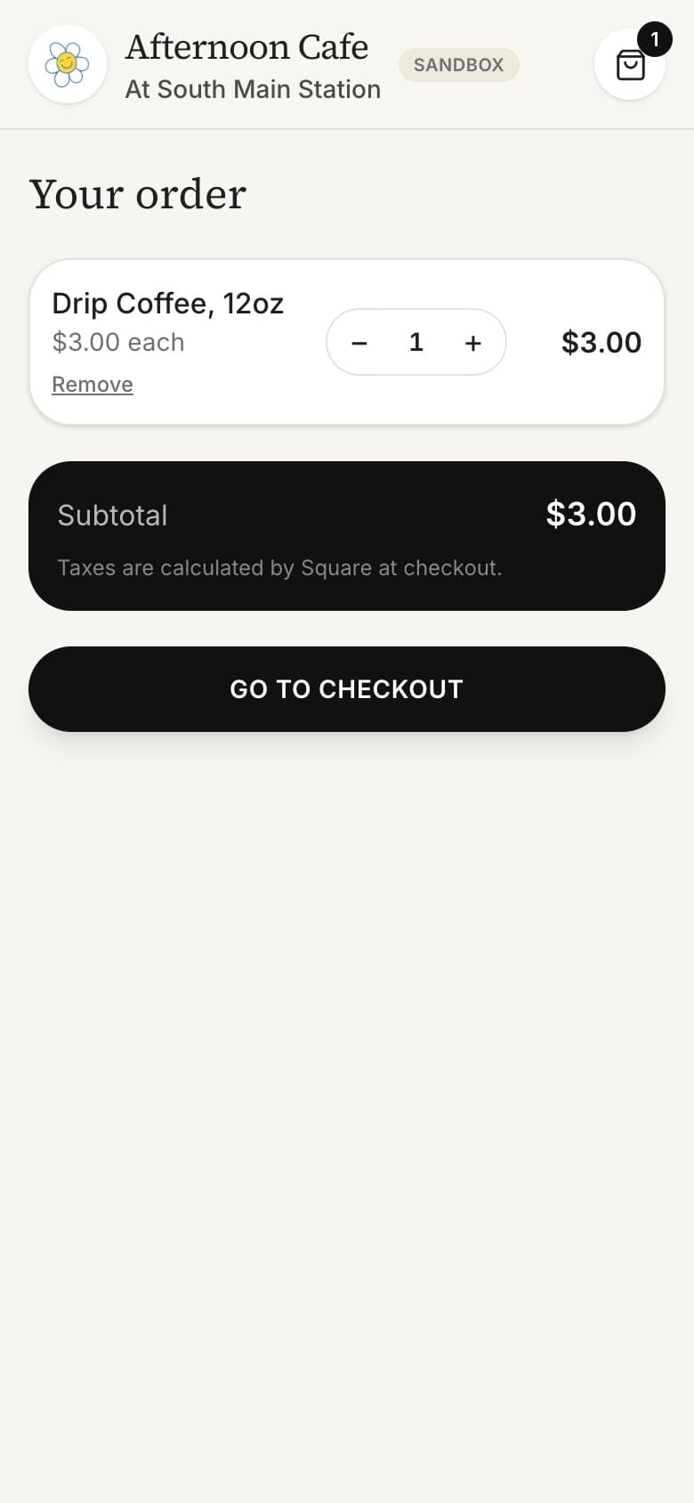 Afternoon Orders cart screen with quantity stepper and subtotal