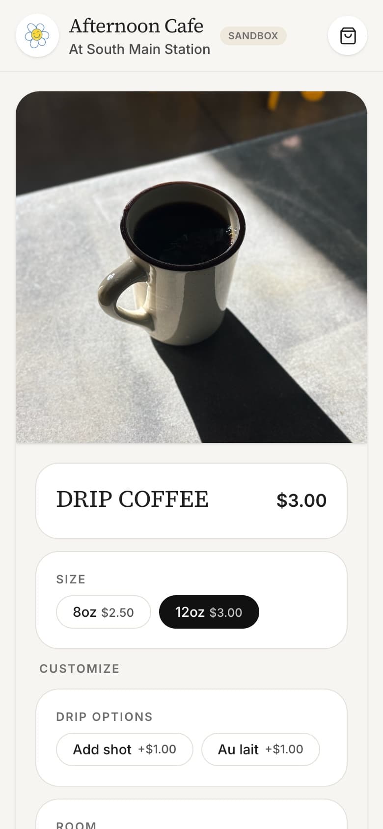 Afternoon Orders item detail screen with size selector and modifier options