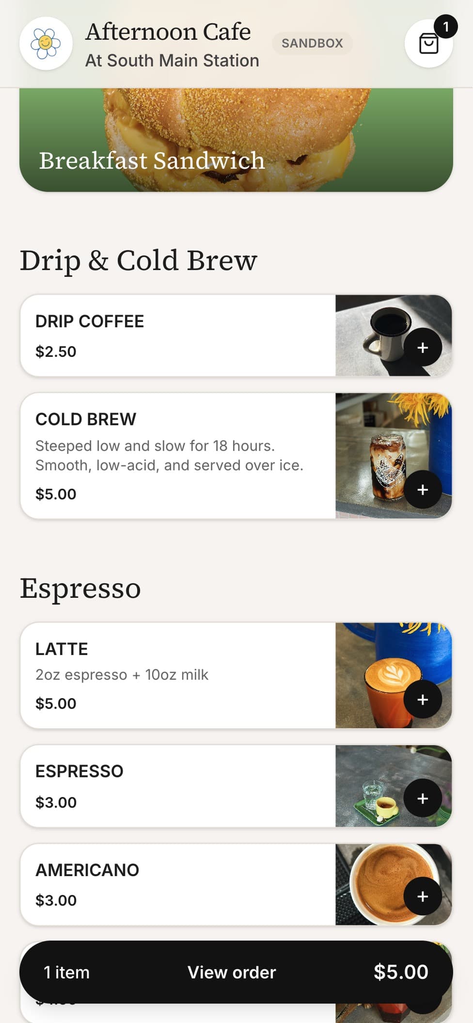 Afternoon Orders menu list showing categories with prices and quick-add buttons
