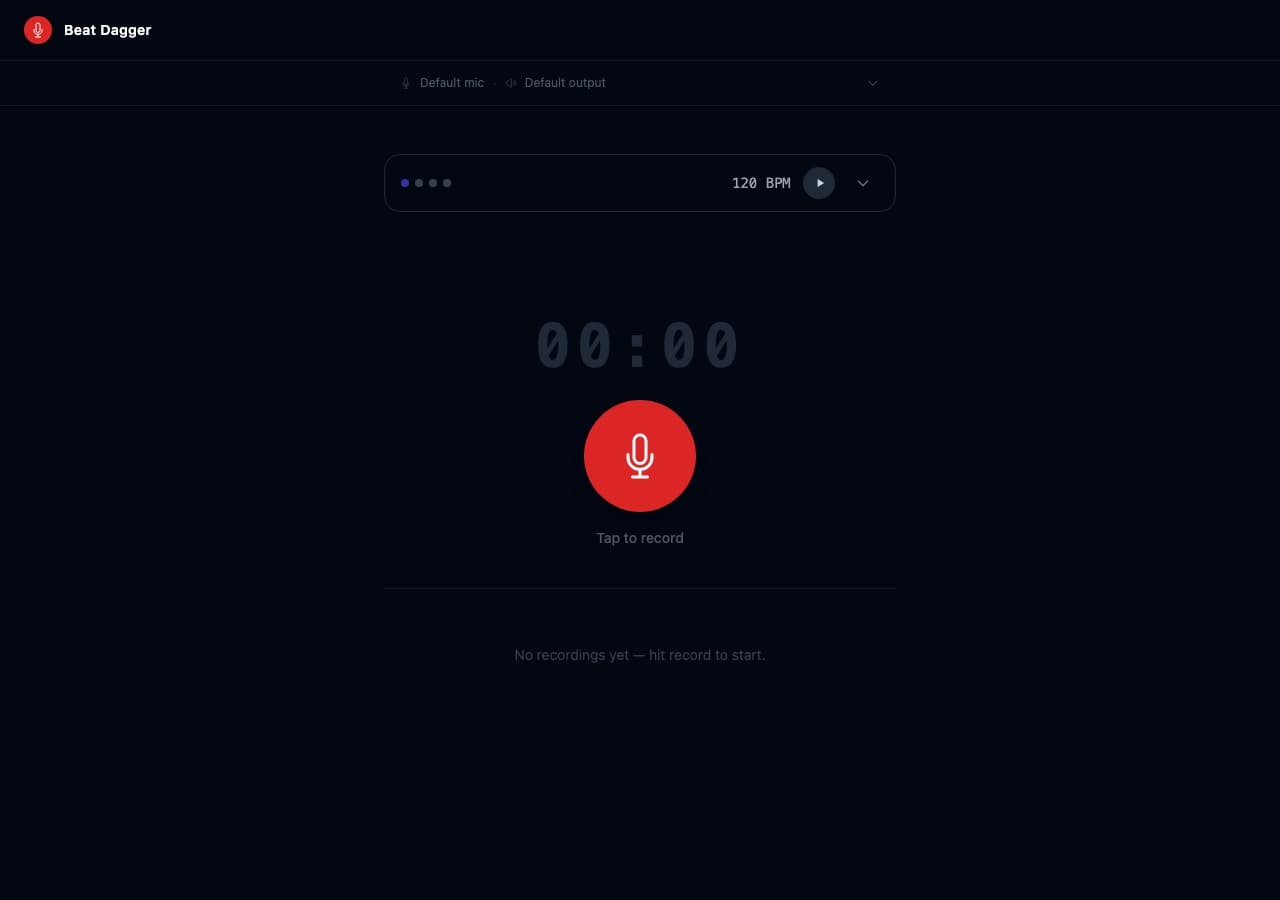 Beat Dagger home screen: record button, live timer, and collapsed metronome panel