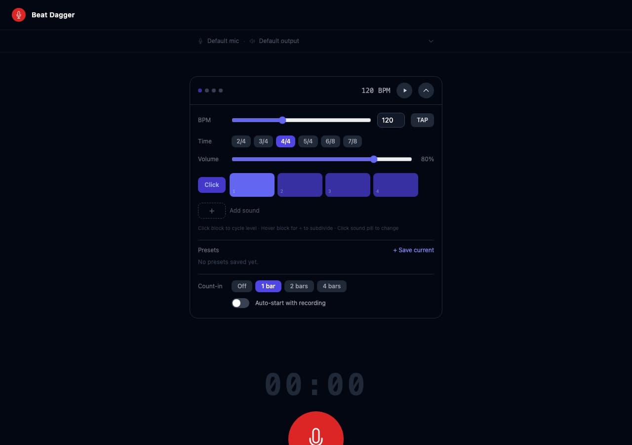 Beat Dagger step sequencer expanded: BPM slider, time signature, Click row with 4 beats, Add sound, Presets, and Count-in options