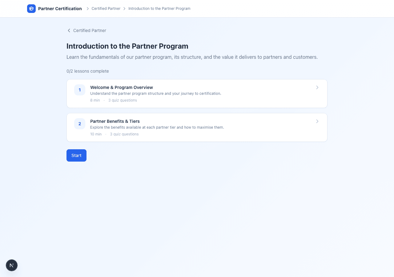 Module view: lessons with time estimates and quiz question count indicators