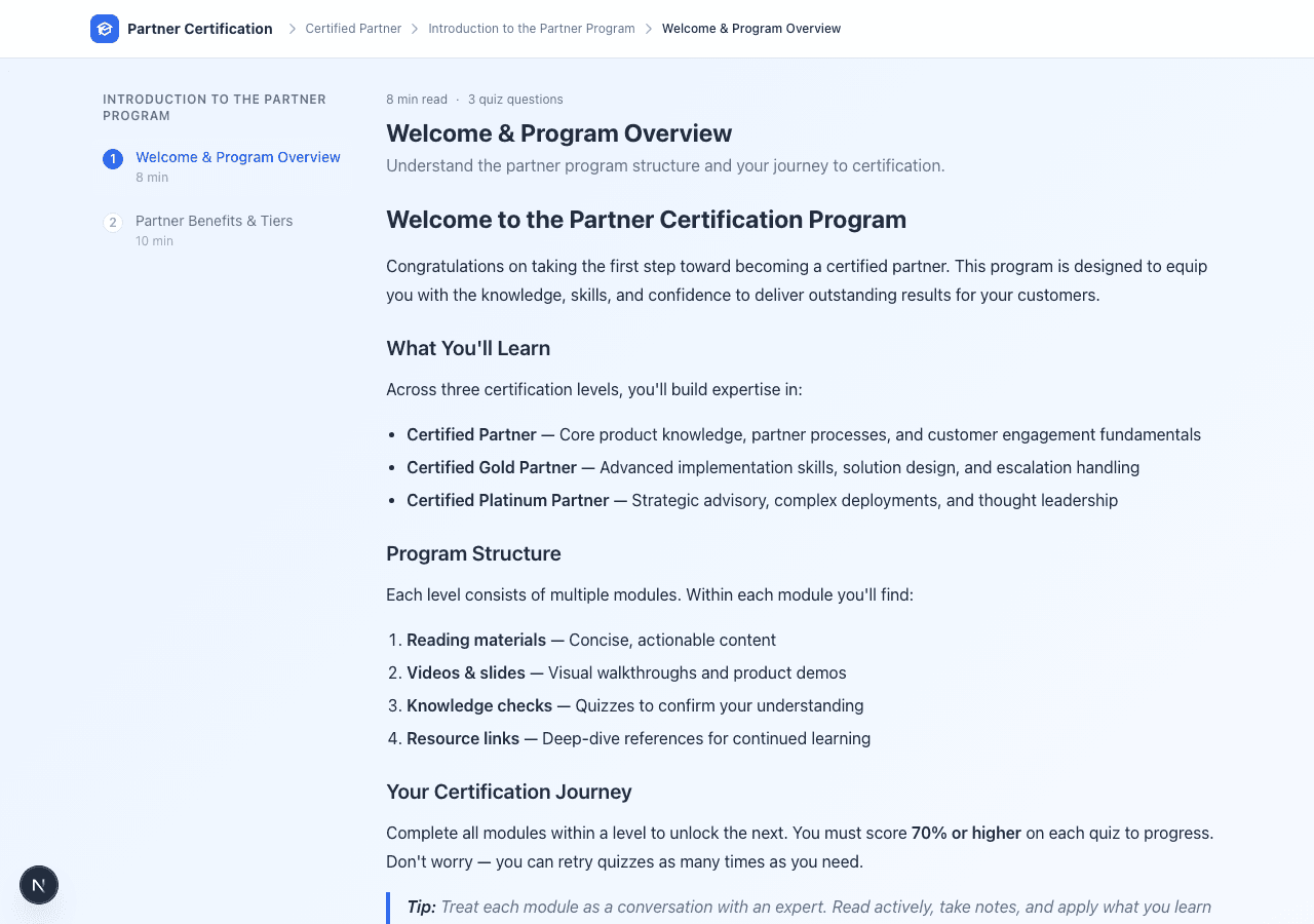 Lesson reader (desktop): sticky sidebar navigation, formatted markdown content
