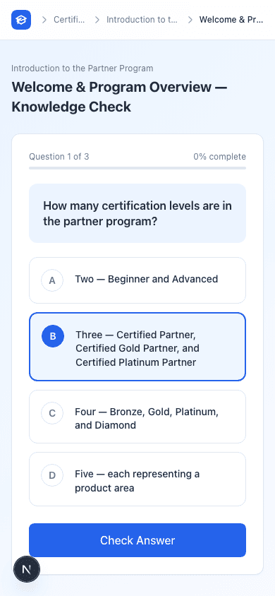 Knowledge check quiz: multiple choice with A-D selectable cards
