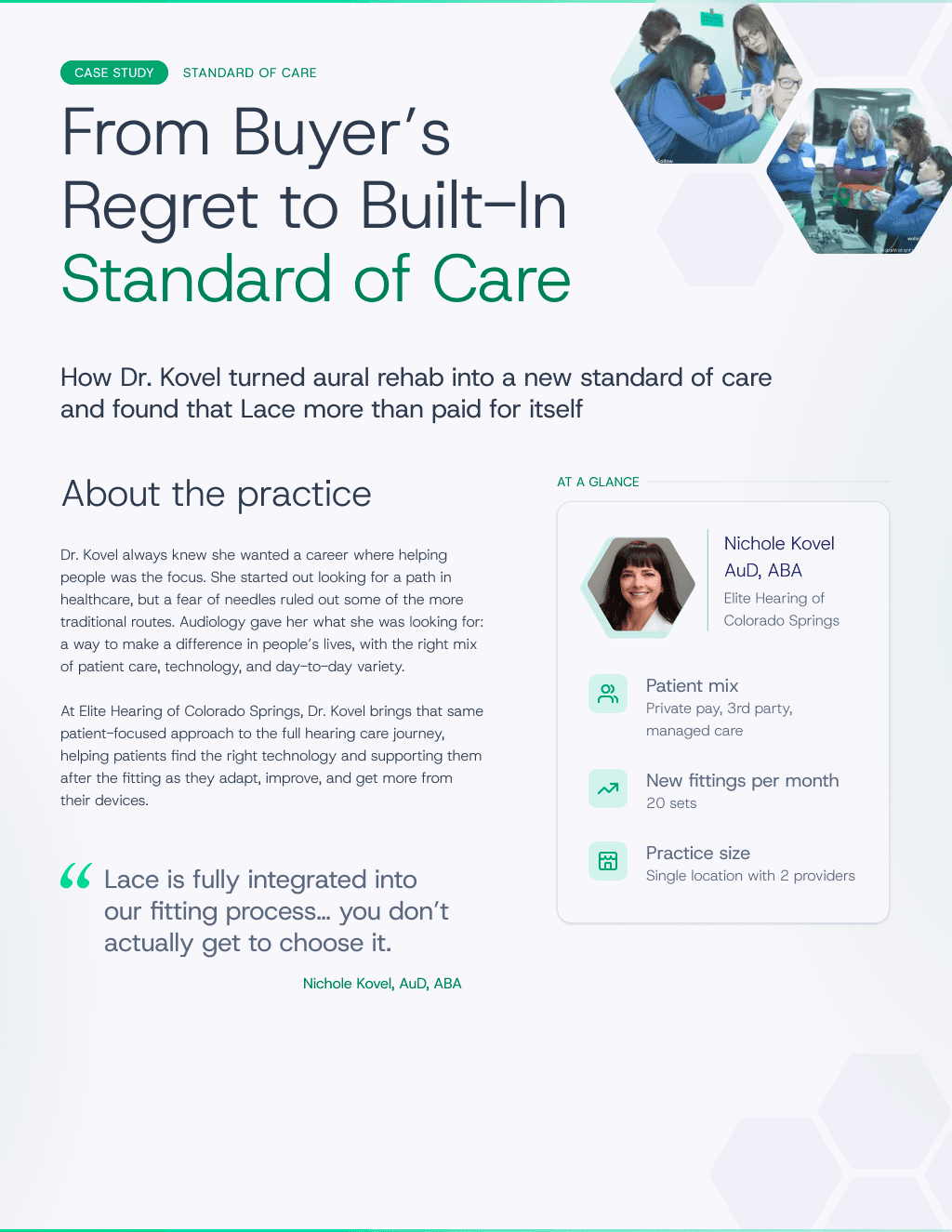 Page 1: cover with practitioner intro, at-a-glance stats, and pull quote