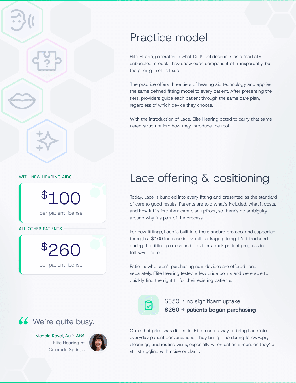 Page 2: practice model overview and Lace offering and pricing positioning