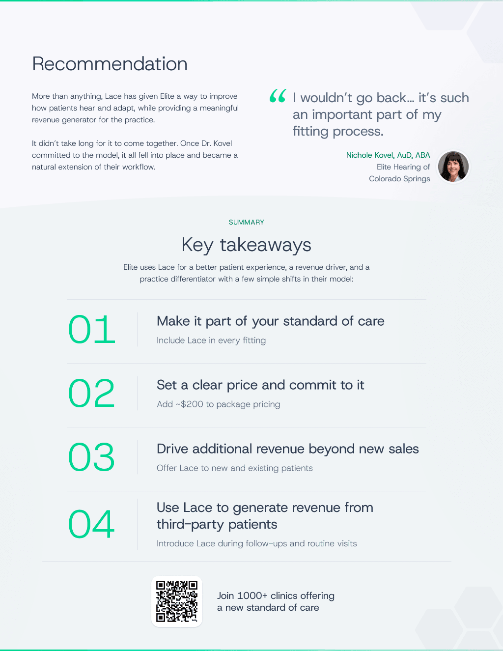 Page 6: recommendation, key takeaways numbered 1–4, and QR code