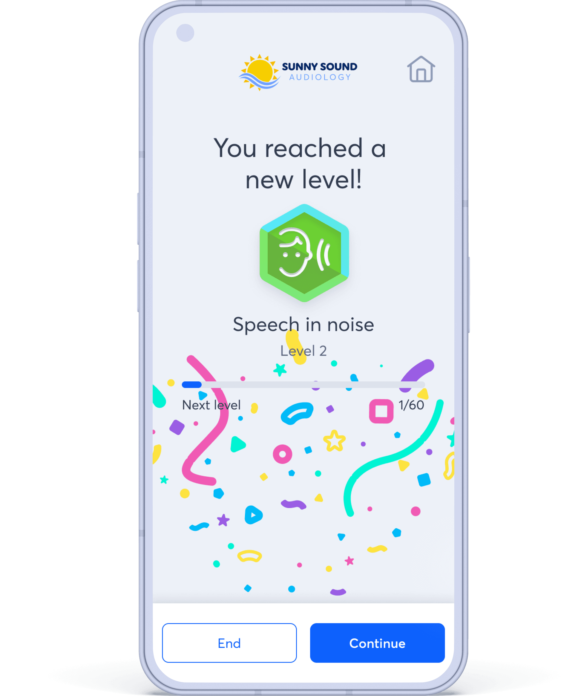 A level-up celebration screen with confetti