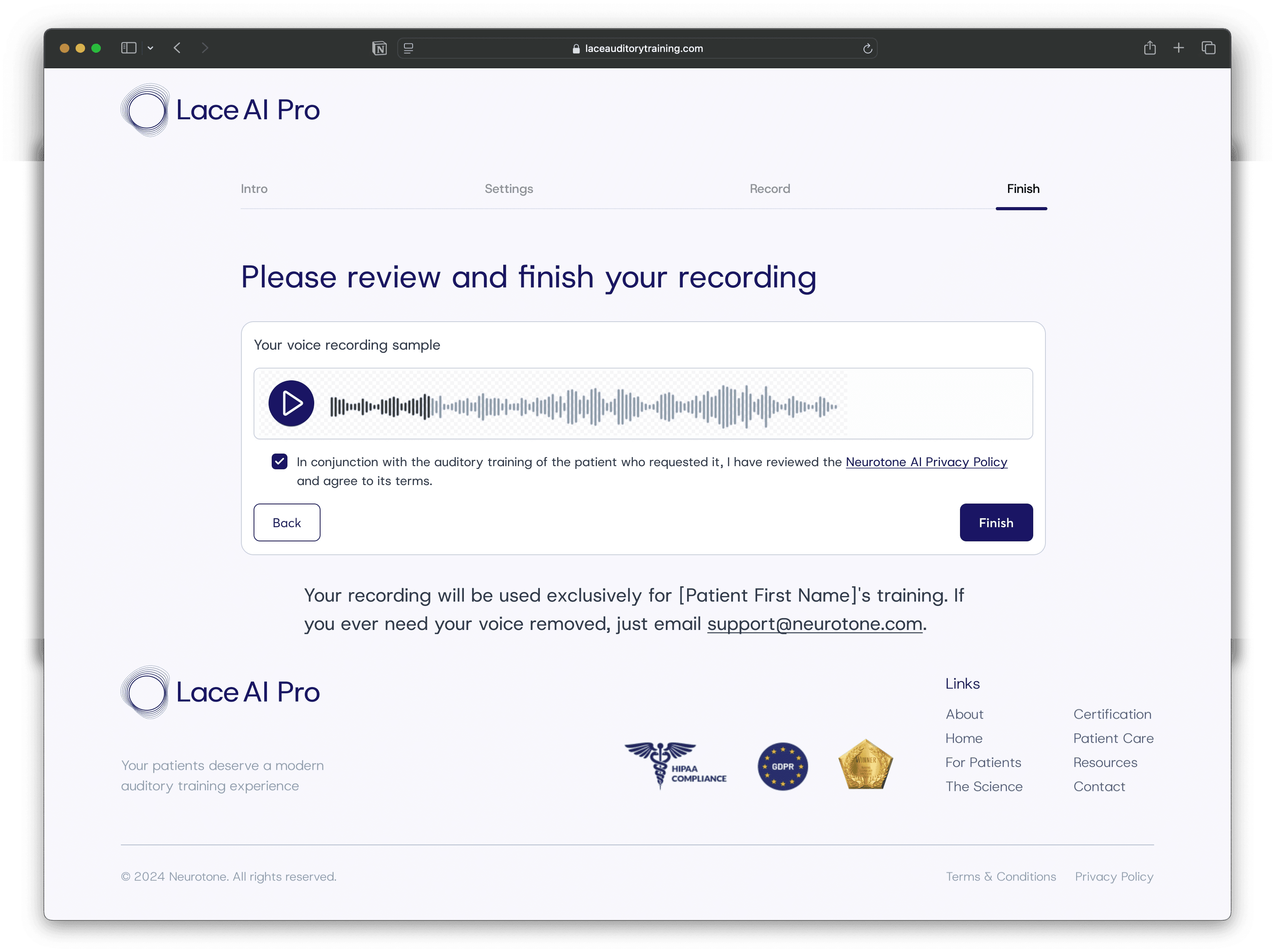 Finish recording: the desktop voice donor flow, with consent language tied to the patient who requested it.