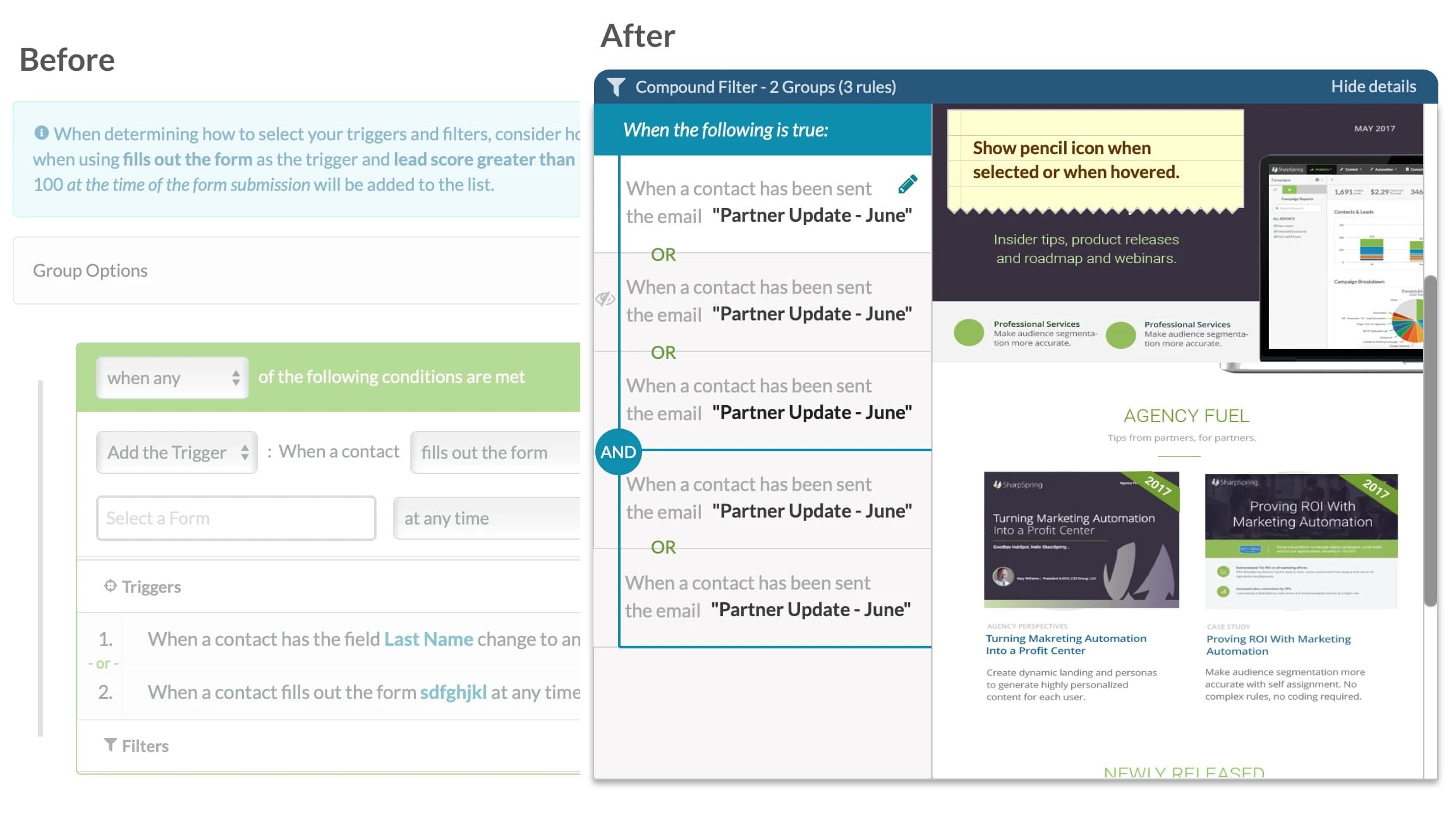 Before and after: a form-based compound filter compared with the readable sentence-style version