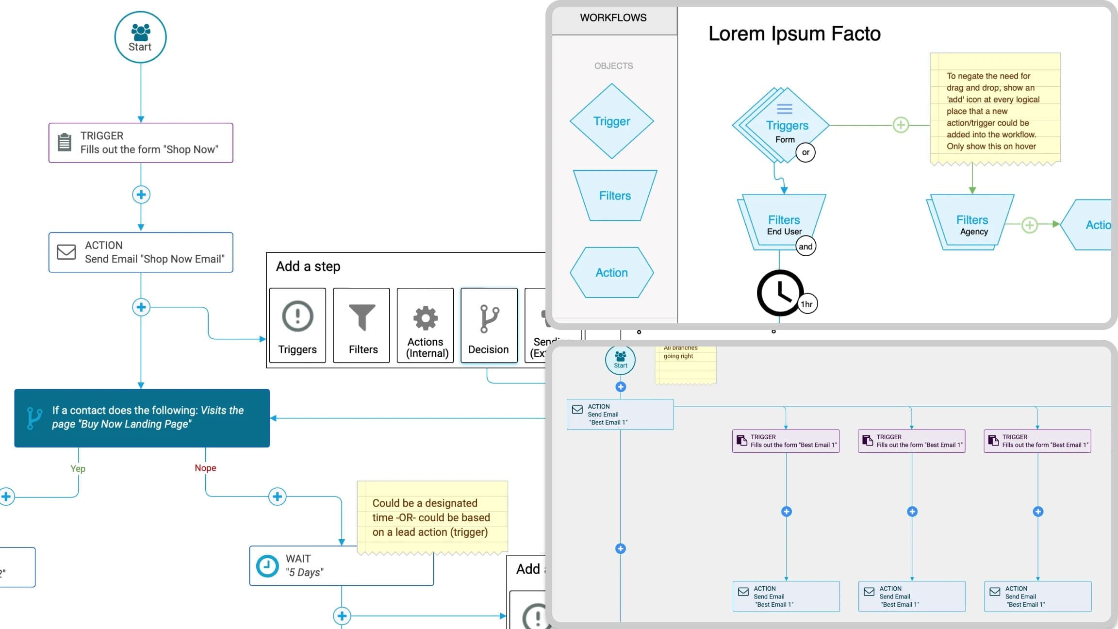 Early low-fidelity flows and annotated sketches of the workflow builder