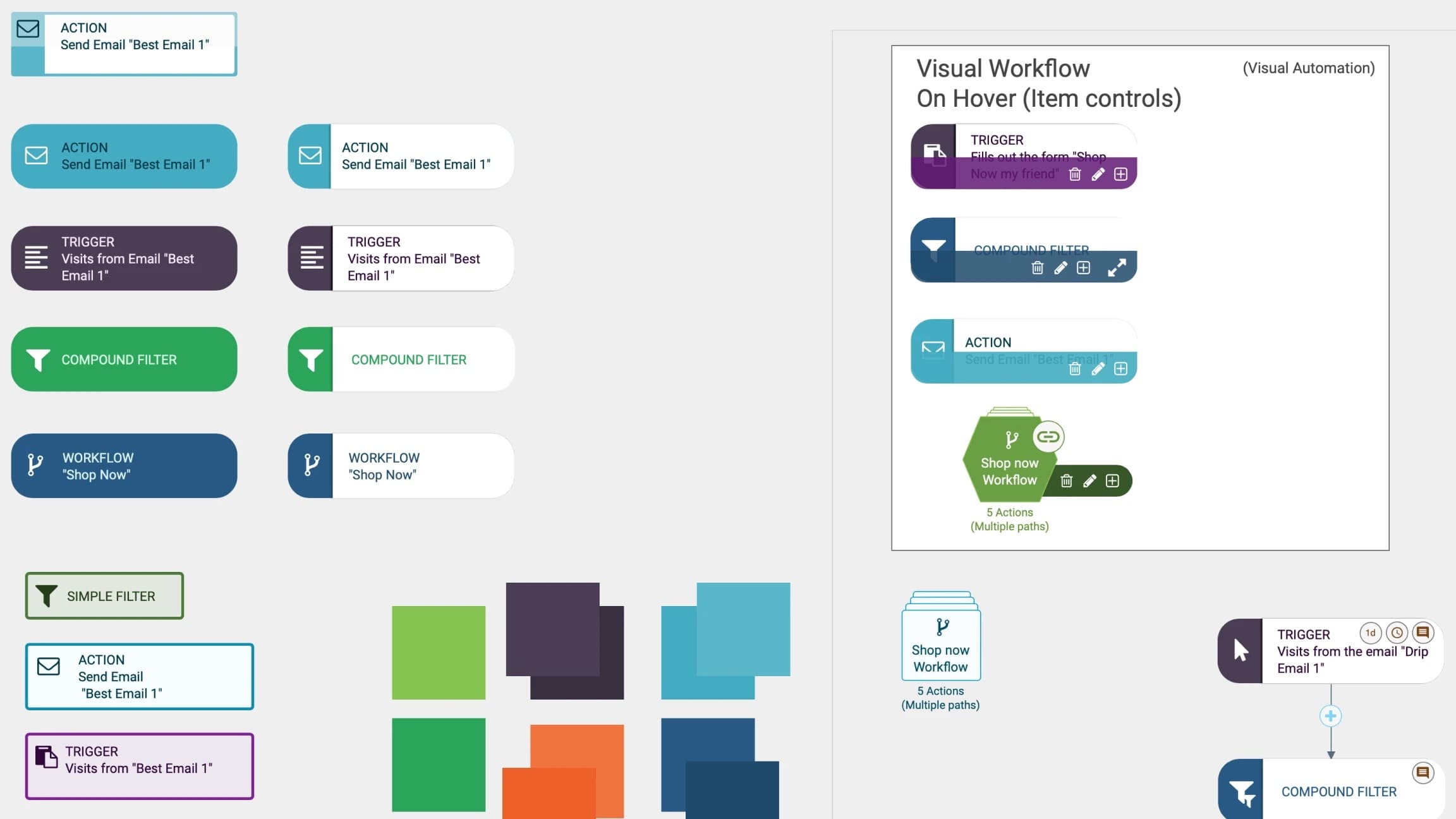 Visual language for workflow steps: triggers, filters, actions, and nested workflows, with hover controls